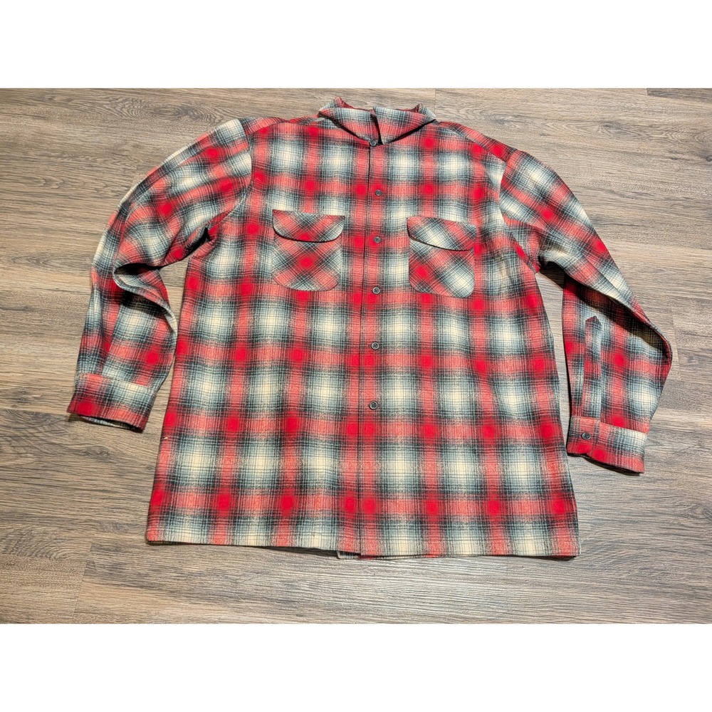 Pendleton Board Shirt Mens XL Red Grey Ombre Shadow Plaid Virgin Wool Flannel
